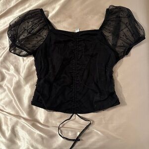 H&M Black Polka Dot Mesh Puff Sleeve Blouse